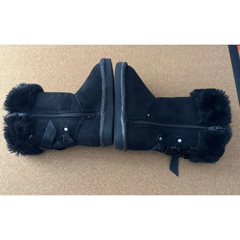 Toddler Girls Faux Suede Snow Boots | Black | Faux Fur Trim Bow Accents | Size 5